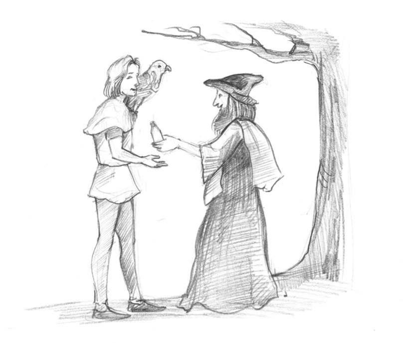 Illustration : Malidor le magicien tend une fiole de potion magique à Malik, Flèche l'aigle sur son épaule